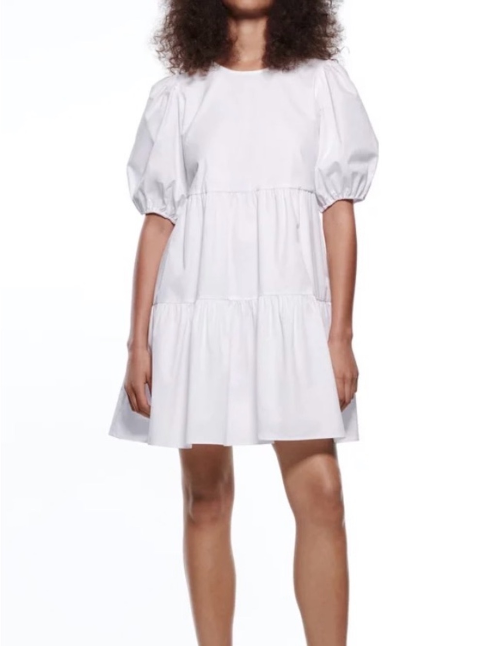 Large • Zara Cotton White Puff-Sleeve Tiered Dress for women